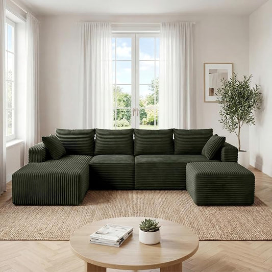 118" Modular Sectional Sofa with Chaise and Ottoman, Oversized U-Shaped Corduroy Cloud Couch,Deep Seat Boneless Couch for Living Room,No-Assembly,Green(Left Facing Chaise)