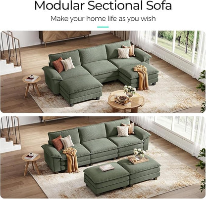 LINSY HOME 123'' Modular Sectional Sofa 3 Seat Couch Corduroy Cloud Couch with Deep Seat, Modern Cloud Couch with 2 Movable Ottoman for Living Room, Office, Bedroom, Green