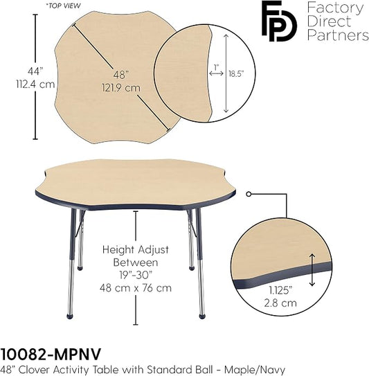 FDP Clover Activity School and Office Table (48 x 48 inch), Standard Legs with Ball Glides for Collaborative Seating Environments, Adjustable Height 19-30 inches - Maple Top and Navy Edge