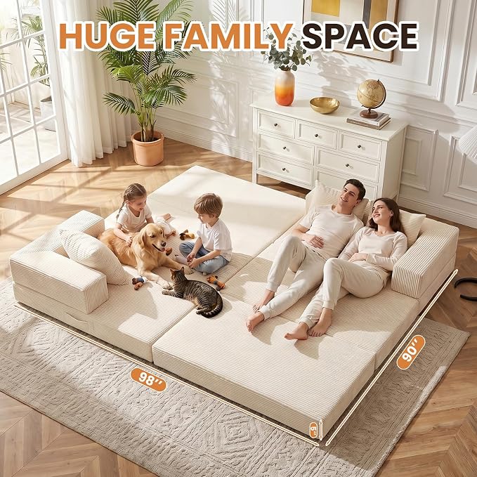 79" Modular Sectional Sofa, Boneless Convertible Sleeper Sofa Bed, Modern Tri-Folding Cloud Couch with L-Shape Chaise, Corduroy Futon for Living Room Small Spaces Apartment, No Assembly, Beige