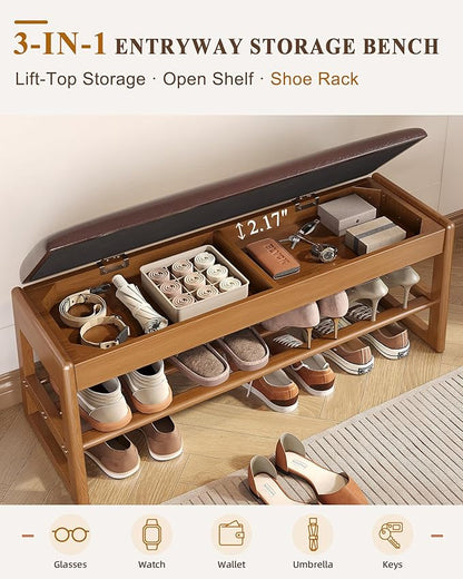 IUNVR Shoe Rack Bench with Hidden Storage, 2-TierSolid Rubberwood Entryway Bench with SoftLeather Cushioned Seat & Flip-Top Storage,330lbs Capacity, Wooden Shoe Organizer forHallway, Closet, Foyerm