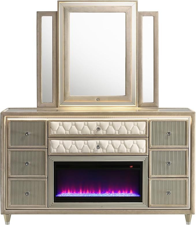 Coaster Home Furnishings - Lorient - Wood - 8-Drawer Dresser with Mirror, Flame Box, LED Lighting, Tri-Panel Mirror and Traditional Style - Bedroom - Ivory and Camel - 222663FBM
