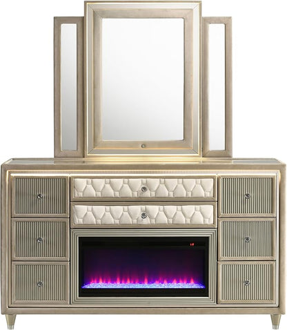Coaster Home Furnishings - Lorient - Wood - 8-Drawer Dresser with Mirror, Flame Box, LED Lighting, Tri-Panel Mirror and Traditional Style - Bedroom - Ivory and Camel - 222663FBM