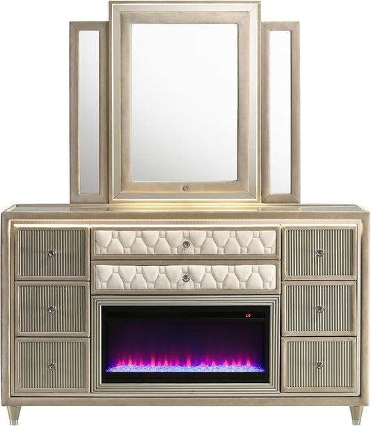 Coaster Home Furnishings - Lorient - Wood - 8-Drawer Dresser with Mirror, Flame Box, LED Lighting, Tri-Panel Mirror and Traditional Style - Bedroom - Ivory and Camel - 222663FBM