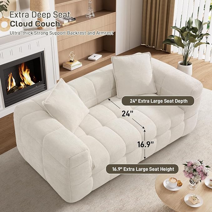 66.5" Loveseat Boneless Couch,Comfy Cloud Sectional Sofa with Deep Seat,Modern Upholstered Chenille Love Seat Sofa, Small Couches for Living Room, No Assembly Required Tufted Sofas, Beige White