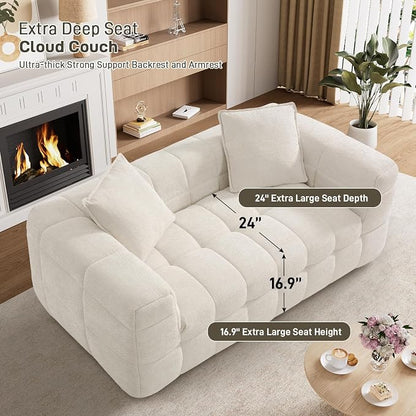 66.5" Loveseat Boneless Couch,Comfy Cloud Sectional Sofa with Deep Seat,Modern Upholstered Chenille Love Seat Sofa, Small Couches for Living Room, No Assembly Required Tufted Sofas, Beige White