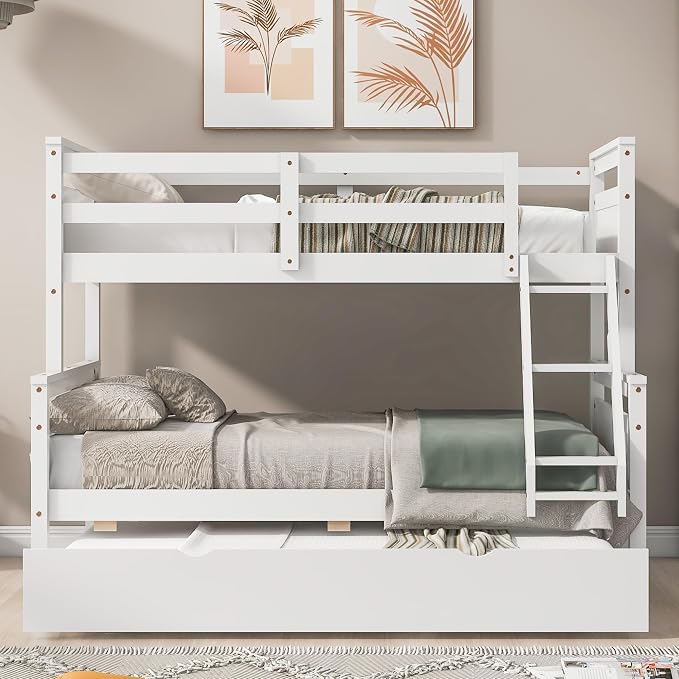 Merax Trundle Bunk Bed, Twin Over Full Wood Bunk Bed with Twin Size Trundle and Ladder, 3-in-1 Convertible to 2 Separate Beds, Solid Wood Frame with Guardrail, White