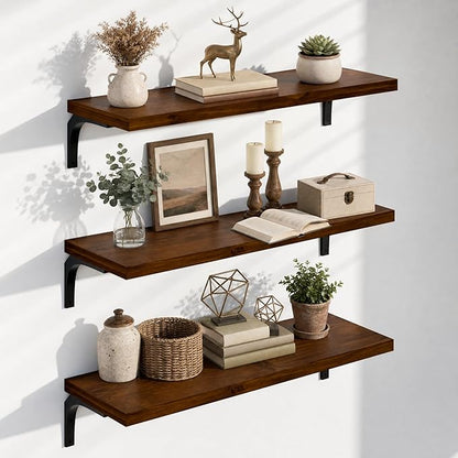 12 Inch Deep Floating Shelves Set of 3, 36 Inch Extra Wide Walnut Solid Wood Wall Shelves with 150 lbs Capacity, Heavy Duty Farmhouse Wall Mounted Shelving for Kitchen, Living Room & Bedroom
