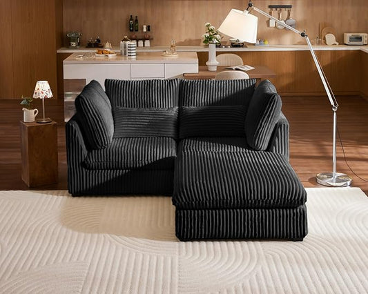 77" Oversized Corduroy Couch Modular Sectional Sofa, Washable Cloud Couch Sectional with Ottoman, 3 Seater Sectional Couches for Living Room, Fully Cover Removable, L Shaped, Corduroy, Black