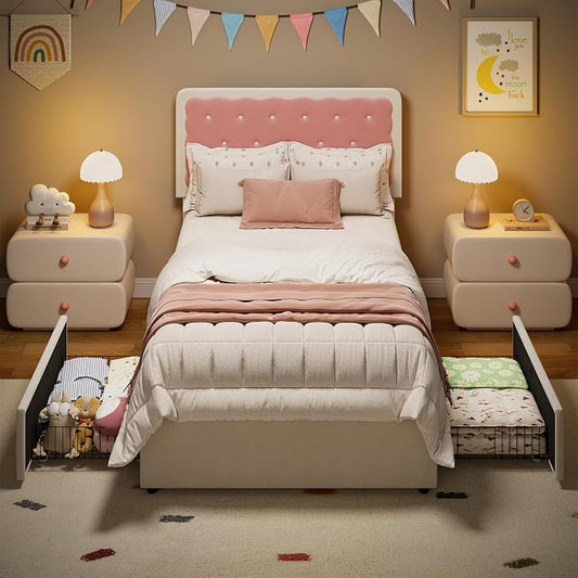 Garvee Twin Bed Frame with Biscuit Tufted Velvet Headboard, Cream White & Pink Upholstered Platform Bed with 2 Storage Drawers, Sturdy Wood Slats, No Box Spring Needed, Easy Assembly