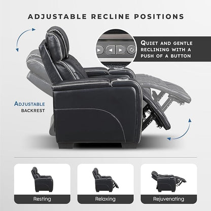 Lexicon Power Double Reclining Sofa, Center Drop-Down Table with Heat/Massage/Headrest/Storage Arms/Cup Holders/LED Lights/Wireless Charging, Top Grain Leather Match Wall Hugger Recliner Sofa, Black