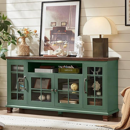 SAVOR LIFE Large Sideboard Buffet Cabinet with Storage,Vintage Green 60" Wide Coffee Bar Cabinet with Glass Doors & Wood Legs,Kitchen Credenza Accent Cabinets for Dining Room, Living Room
