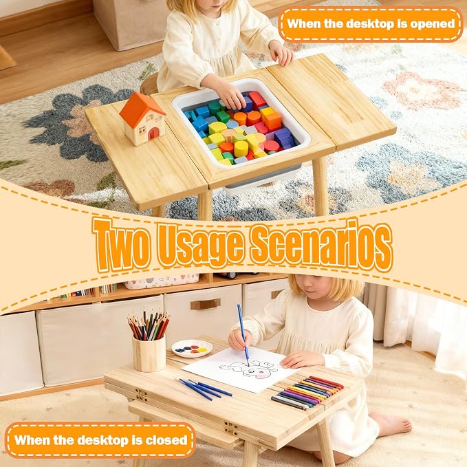 Wooden Activity Table with a Flip-Adjustable Desktop, Indoor/Outdoor Play Sand and Water, Multi-Functional Desk for Drawing Studying Dining