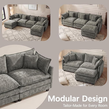 Modular Sectional Sofa for Living Room, 102" Oversized Cloud Couch with Movable Ottoman, 4 Seat Modern Comfy Sofa Chenille Deep Seat Couches with L Shape, for Office Bedroom Living Room