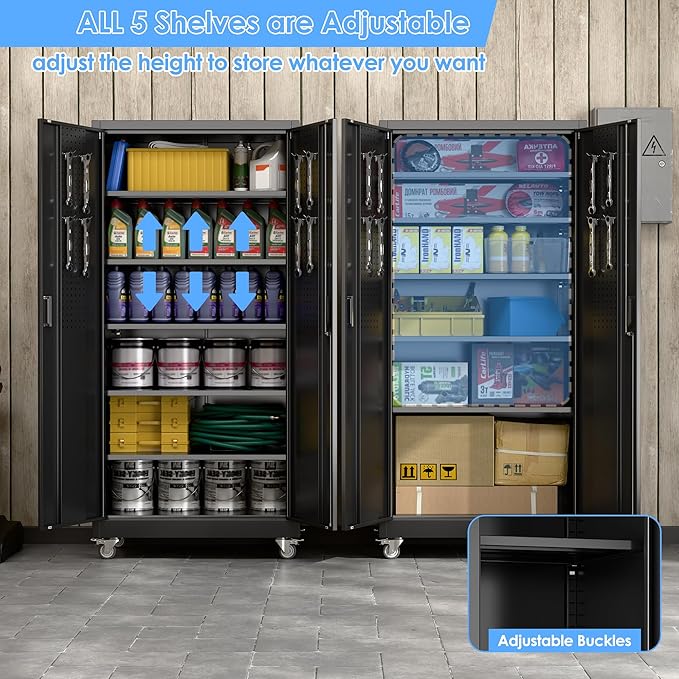 SUXXAN Heavy Duty Metal Storage Cabinet with Wheels and Pegboard, 71" Tall Industrial Steel Cabinet with 5 Adjustable Shelves & Locking Doors for Garage, Office, Pantry, Warehouse, Black