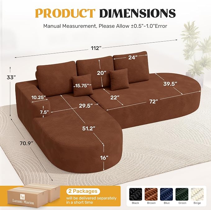 112" Modern Curved Cloud Couch, Corduroy Boneless Couches for Living Room with Deep Seat, Memory Foam Compressed Modular Sectional Sofa, No Assembly Required,Brown 1 PCS