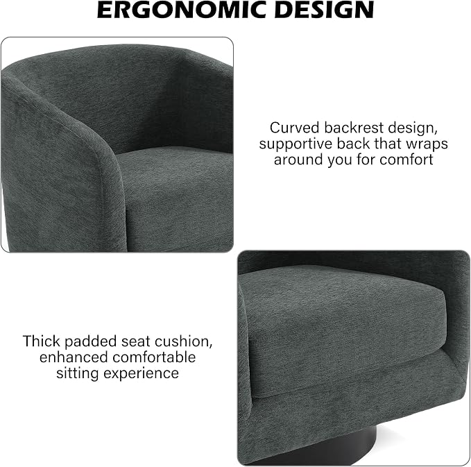 Swivel Barrel Accent Chair, Modern Round Chenille Fabric Arm Chair for Living Room, Bedroom, Comfy Club Reading Chairs for Adults（Chenille Fabric, Grey, Set of 1
