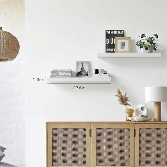 White Floating Shelves for Wall, 23.6'' Wall Mounted Shelves for Bathroom,Bedroom,Living Room,Kitchen&Office,Set of 2
