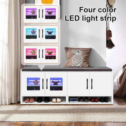 Shoe Bench with Thickened Cushion,Entrance Bench with Glass Door and Ambient Light,Three-Layer Shoe Rack,Color Changing Light Strip, Two Large Storage Spaces,Living Room,Bedroom,White