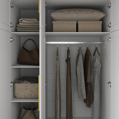 47" Almirah for Clothes, Tall Storage Wardrobe Closet Cabinet, Wardrobe with Drawers, Clothes Closet with Metal Hanging Rod, Handles, Mirror and Doors for Bedroom, White + Gold