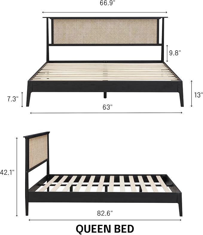 NTC Ruby Wooden Bed Frame with Headboard and Natural Rattan, Solid Oak Foundation with Silent Slats, 1000 Lb Capacity, Effortless Assembly, Queen - Burnt Black