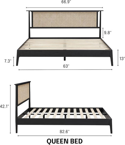 NTC Ruby Wooden Bed Frame with Headboard and Natural Rattan, Solid Oak Foundation with Silent Slats, 1000 Lb Capacity, Effortless Assembly, Queen - Burnt Black