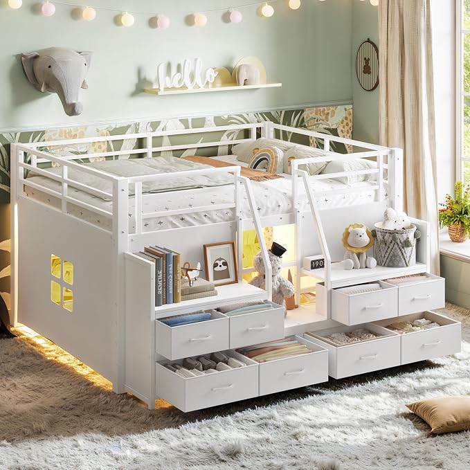 Bellemave Full Low Loft Bed,Metal Kids Loft Bed Frame for Boys Girls,White | Fabric Drawers,LED Lights,Storage Shelves,Under-bed Space,Space-saving