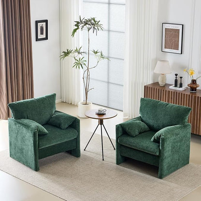 Chenille Oversized Armchair Set of 2, 34" Wide Accent Chair for Living Room Bedroom Modern Upholstered Lounge Chair Mid-Century Reading Chair Comfy Single Sofa Chair, Green