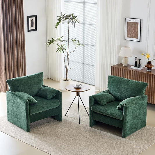 Chenille Oversized Armchair Set of 2, 34" Wide Accent Chair for Living Room Bedroom Modern Upholstered Lounge Chair Mid-Century Reading Chair Comfy Single Sofa Chair, Green