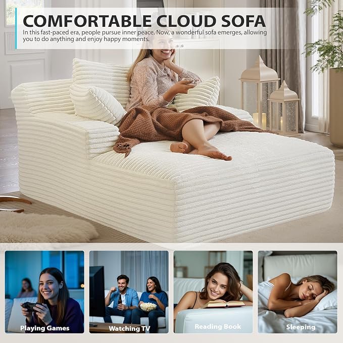 ivoros 50 Inch Chaise Lounge Chair Indoor, Oversized Corduroy Upholstered Boneless Sofa Bed, Deep Seat Sleeper Couch Reading Chairs, Cloud Sofas Couches for Living Room, No Assembly Required (Beige)