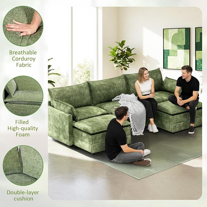 LEVELEVE 112.5" U-Shape Modular Sofa with 2 Ottomans, Deep Seat Cloud Convertible Sleeper, 2 Arm Pillows, Comfortable Upholstered Furniture for Living Room Apartment, Green
