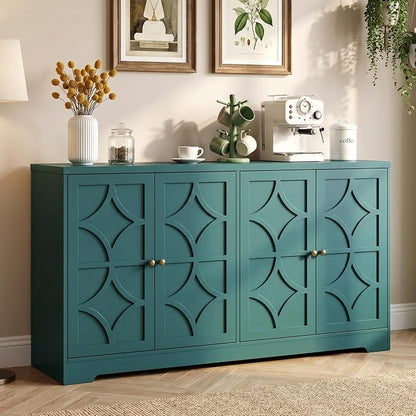 RoyalCraft 112'' Sideboard Buffet Cabinet with Storage, Modern Sideboard with 4 Carved Doors and Adjustable Shelves, Large Wood Coffee Bar Console Table for Kitchen, Dining Room, Turquoise Blue
