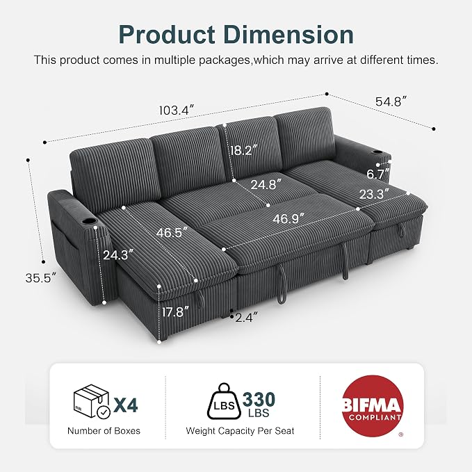 Sectional Sleeper Sofa with Pull Out Bed, Plush Corduroy Sectional Sofa with Double Storage Chaise and Adjustable Backrest, Cloud Sectional Couches for Living Room, Apartment, Light Grey