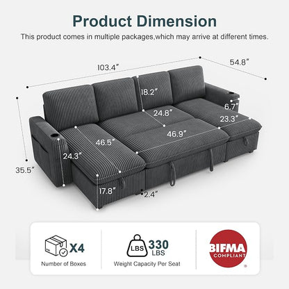 Sectional Sleeper Sofa with Pull Out Bed, Plush Corduroy Sectional Sofa with Double Storage Chaise and Adjustable Backrest, Cloud Sectional Couches for Living Room, Apartment, Light Grey