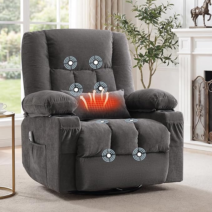 Swivel Recliner Chair for Adults with Vibration Massage and Lumbar Heat , Oversized Ergonomic Rocking Chair for Living Room and Bedroom, Featuring Side Pocket, 2 Cup Holders & USB Charge Port