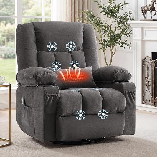 Swivel Recliner Chair for Adults with Vibration Massage and Lumbar Heat , Oversized Ergonomic Rocking Chair for Living Room and Bedroom, Featuring Side Pocket, 2 Cup Holders & USB Charge Port