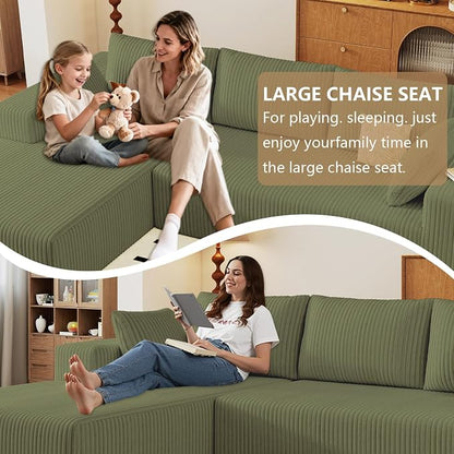 96" Modular Sectional Couch, Boneless L Shaped Cloud Sofa with Chaise Lounge, Corduroy Upholstered Couches Memory Foam Deep Seat, No Assembly Required, Ideal for Living Room(Green, Left Facing)