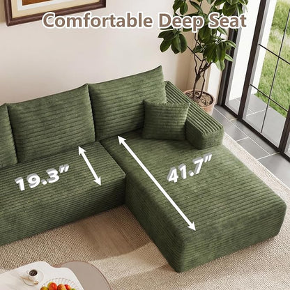95" Cloud Sectional Couch with L-Shape Chaise, Modular Comfy Sofa Chaise Longue, Upholstered Corduroy Couches Sleeper with Deep Seat for Living Room Bedroom, No Assembly Required(Green, Right Facing)