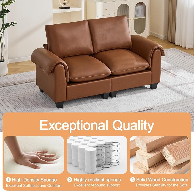 70.5" Faux Leather Modular Sectional Loveseat Sofa, Oversized 2 Seater Upholstered Couch with Curved Armrests, Cloud Modern Deep Seat Love Seat Sofa for Living Room, Brown