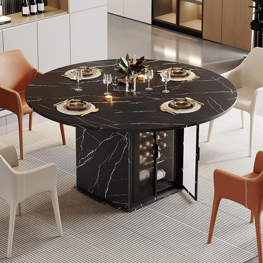 IBF Round Dining Table with Storage, Black Faux Marble Kitchen Tables for 4-6 People, 47" Modern Dining Room Tables with Fridge Space, Wood Circle Dinner Table for Home, Black Marble, Only Table