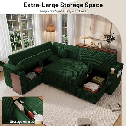 L-Shaped Sectional Sleeper Sofa with Pull Out Bed, Green | Plush Corduroy, Reclining Backrest, Storage Chaise, Usb Ports, Cup Holders & Table – Modular Cloud Couch for Living Room
