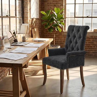 Upholstered Dining Chairs with Arms Set of 2, Black, 2 Pack | Tufted Chenille Kitchen Chairs with Arms, Modern Farmhouse Armchair with Nailhead Trim for Dining Room, Home Office