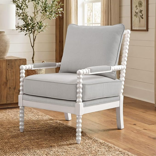 Morden Fort Linen Fabric Spindle Accent Chair with Wood Frame, French Style Accent Chairs with Padded Spring Seat and Armrest Pads, Brushed Base for Living Room Bedroom Farmhouse Office Balcony