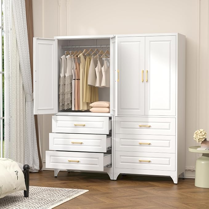Polup Metal Armoire Wardrobe Closet with Three Drawers, 71“ Tall Large Wardrobe Cabinet with Hanging Rod, Freestanding Wardrobe Cabinet with Doors for Bedroom, White, Assemble Required