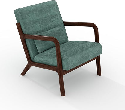 Garvee Mid-Century Modern Accent Chair, Chenille Upholstery, Solid Wood Armchair with Removable Lumbar Pillow, Sturdy Reading Chair for Living Room, Bedroom, Guest Room, Easy Assembly, Green