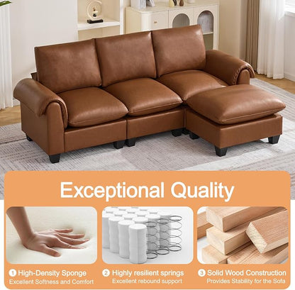 96" Faux Leather Modular Sectional Sofa with Movable Ottoman, Oversized 3 Seater Couch with Curved Armrests, Cloud Modern L-Shaped Sofa Deep Seat for Living Room, Brown