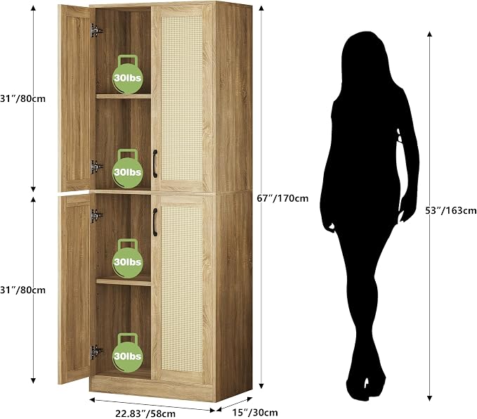 JASIWAY Rattan Pantry Cabinet, 67" Tall Kitchen Storage Cabinet with Doors | Adjustable Shelves, Wicker Linen Closet Cupboard for Laundry, Bathroom, Wood