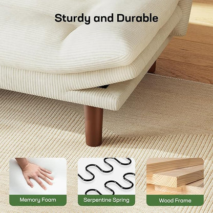 Marsail 75" Futon Sofa Bed, Convertible Corduroy Futon Couch with Adjustable Backrest & Armrests, Small Sleeper Sofa Loveseat for Living Room, Apartment, White