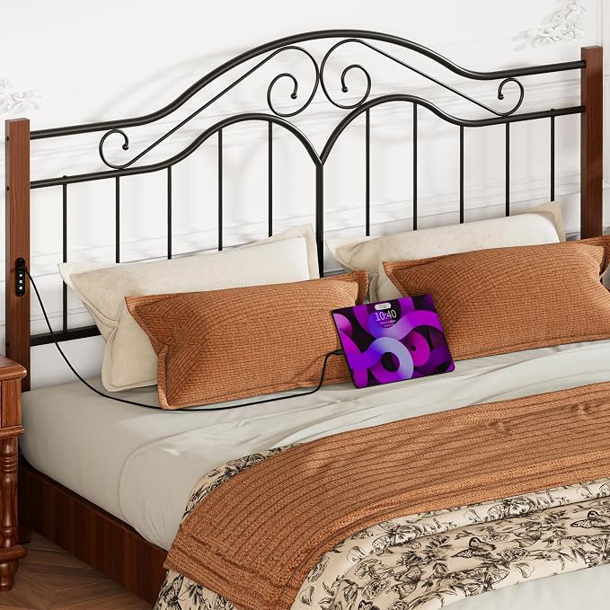Headboard for King Size Bed Frame with Charging Station USB & Type C Ports | Vintage Platform Bed Headboard Only,Adjustable,Iron Legs,Easy Assembly,Black