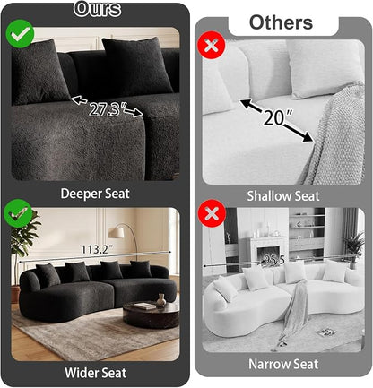 113" Curved Sectional Sofa Modern Cream Cloud Couch Modular Sectional Couches for Living Room Boneless Cloud Sofa Boucle Loveseat Comfy Chenille Deep Seat with 4 Pillows, Black